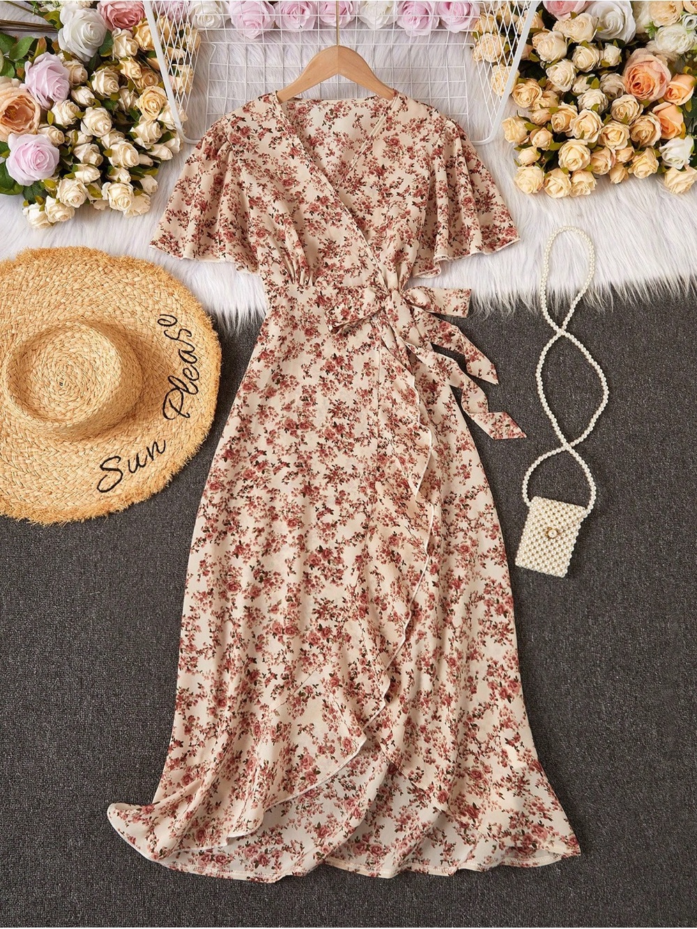 SHEIN Cream Floral Wrap Midi Dress with Rust Pink Blossoms